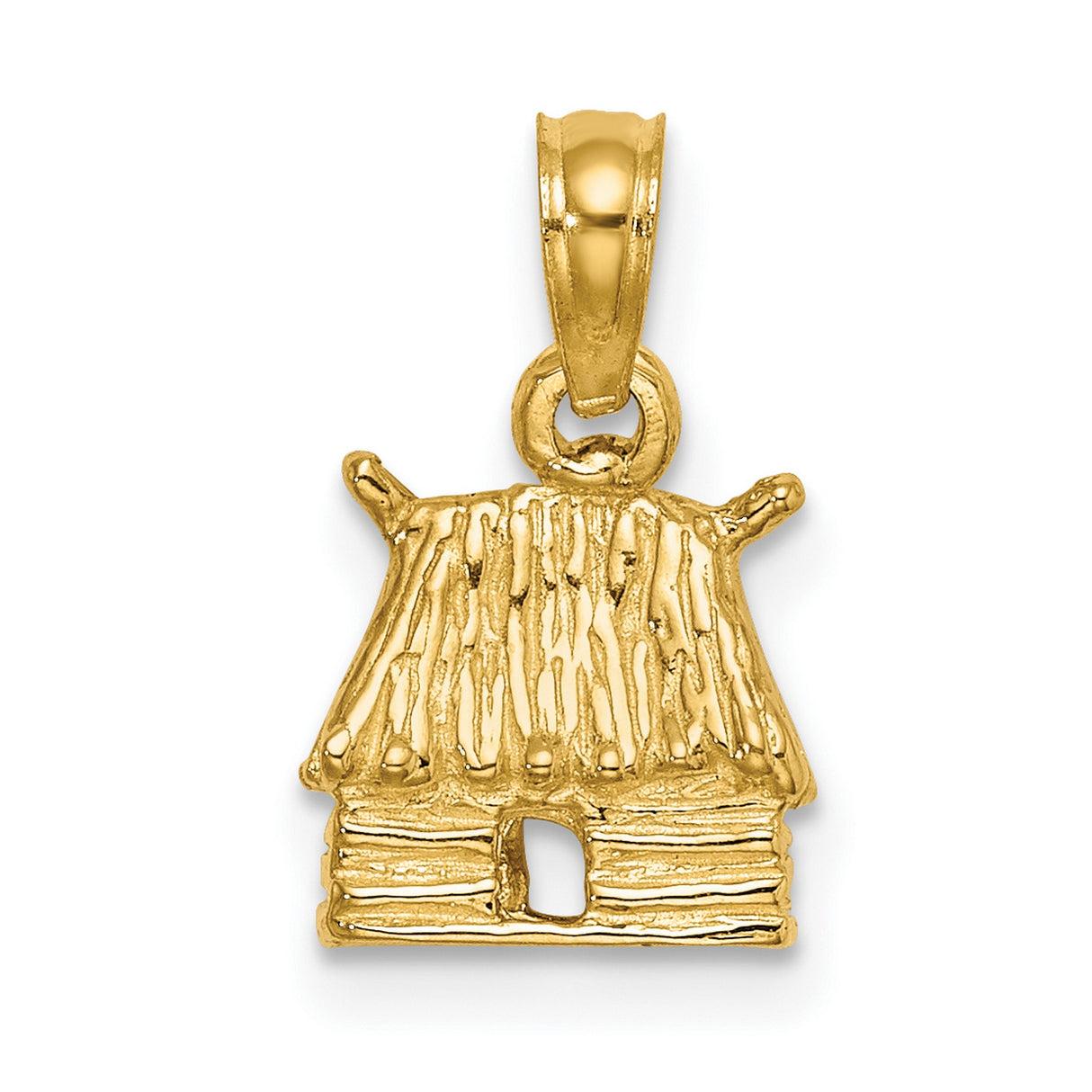 14k Yellow Gold Hut Pendant, Log Cabin Charm with Thatched Roof, Rustic Heritage Design