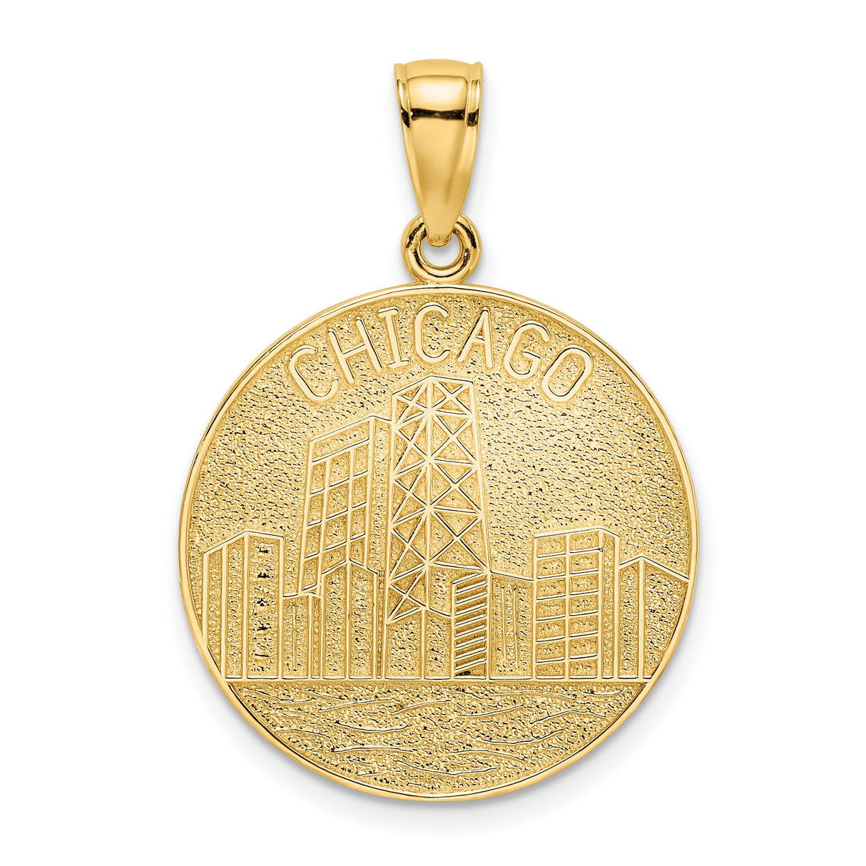 14k Yellow Gold Pendant with Chicago Skyline, Minimalist Urban City Disc Charm