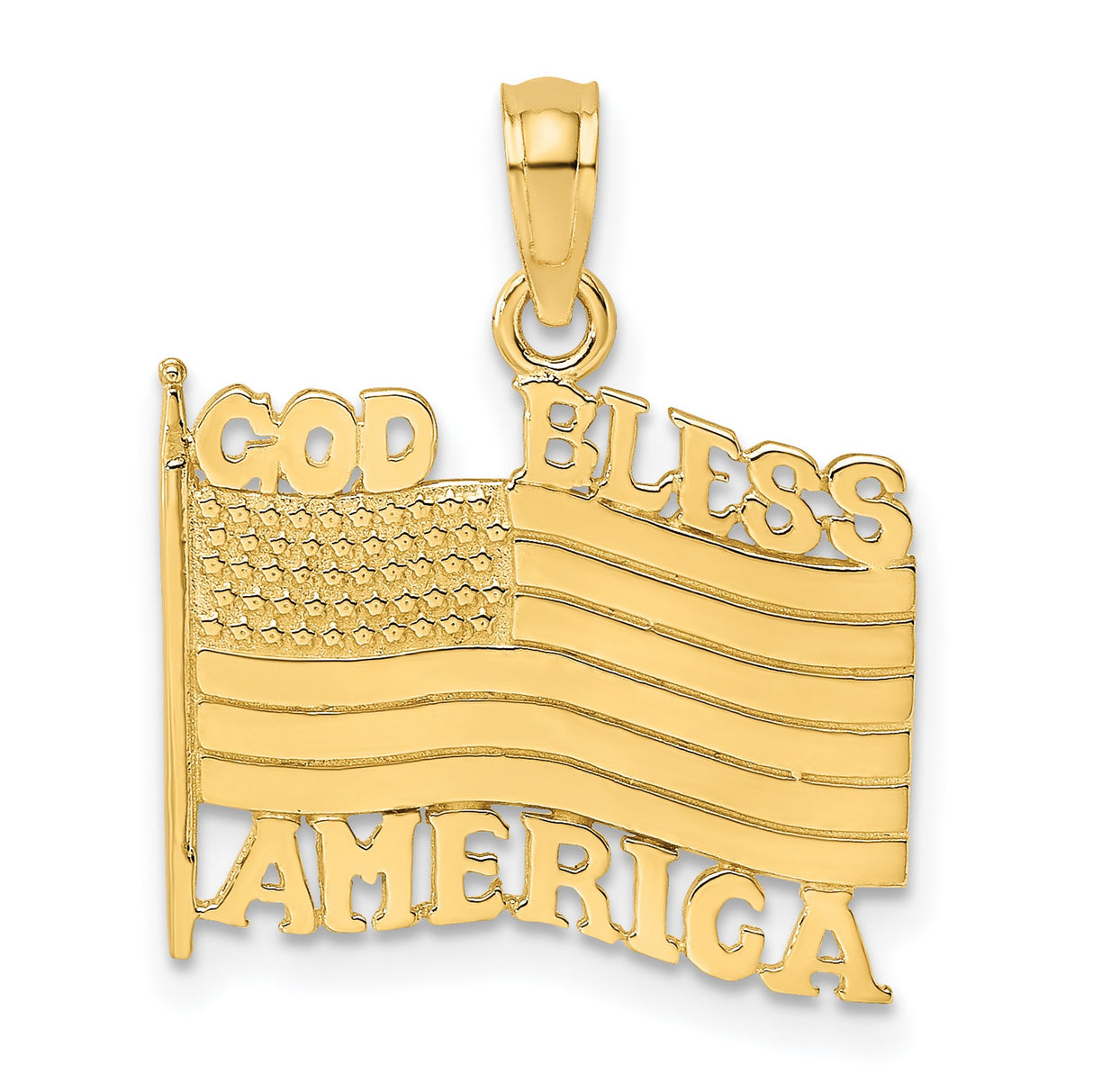 14k Yellow Gold American Flag Pendant with God Bless America Engraving, Patriotic Christian Jewelry