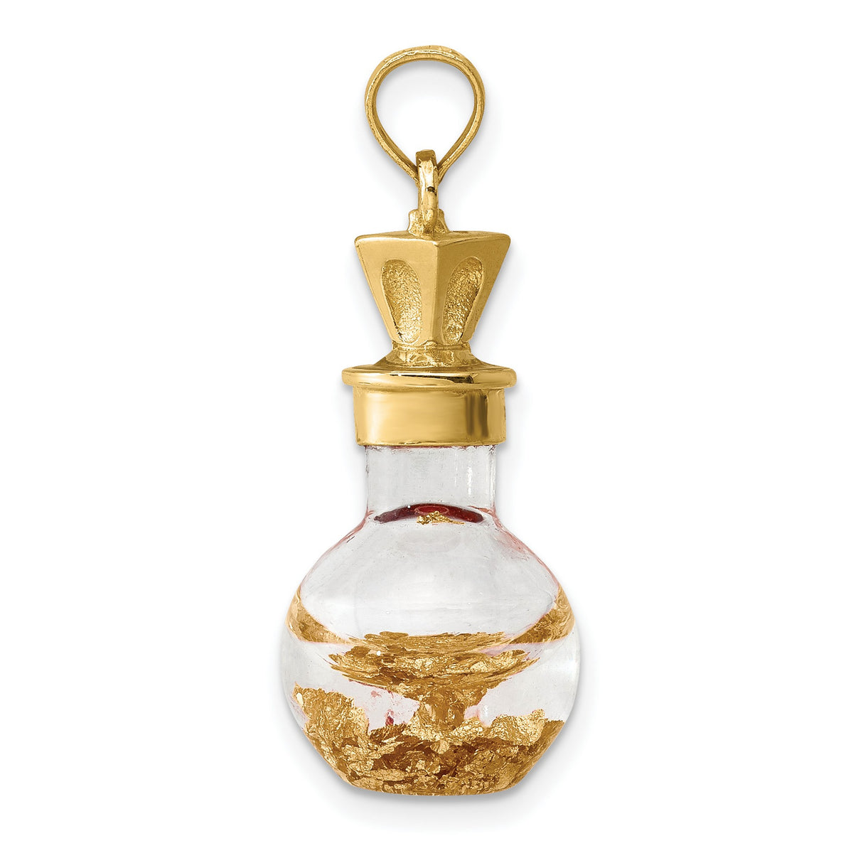 14k Yellow Gold Perfume Bottle Pendant with Clear Glass and Gold Flakes, Crown Detail, Vintage Style