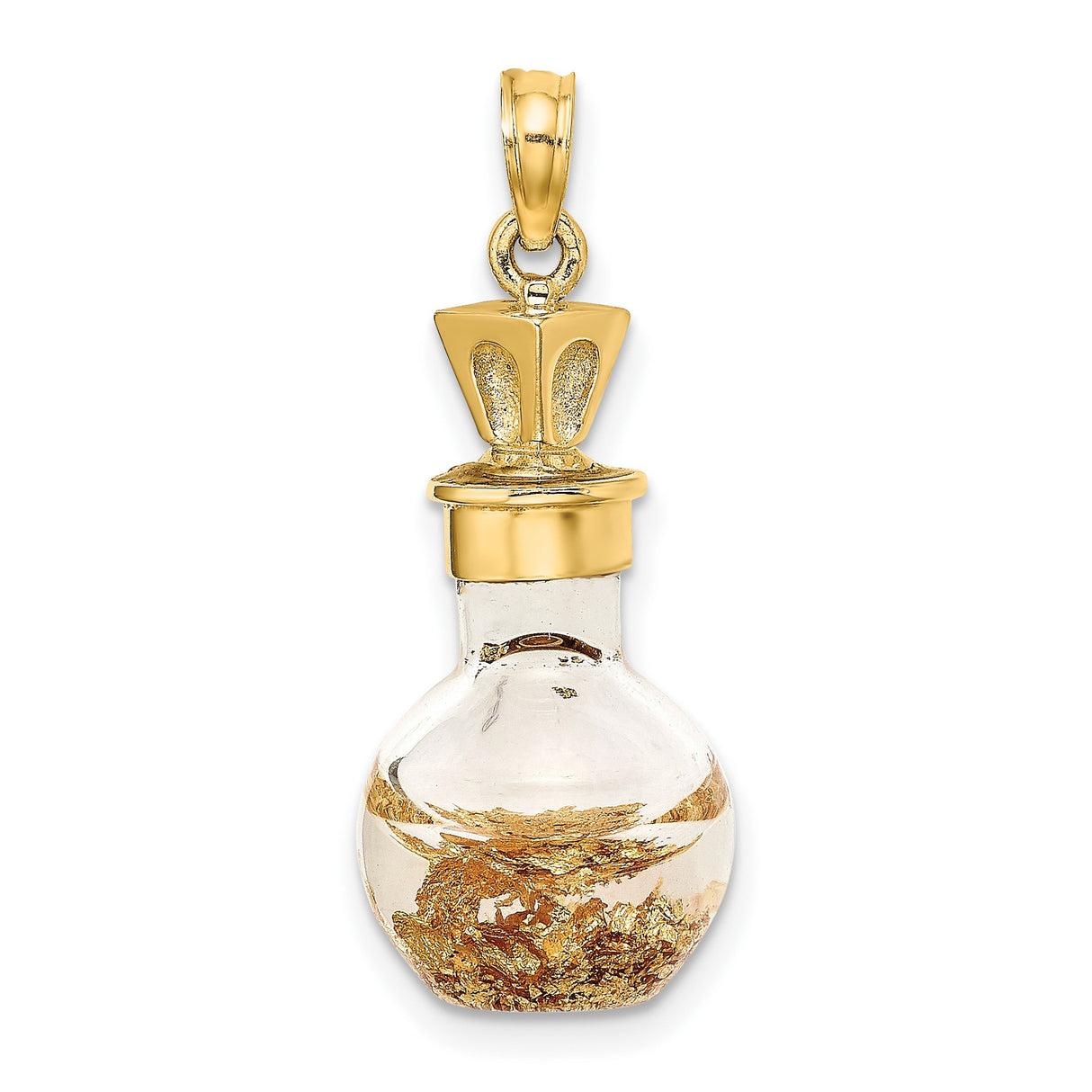 14k Yellow Gold Perfume Bottle Pendant with Clear Glass and Gold Flakes, Crown Detail, Vintage Style