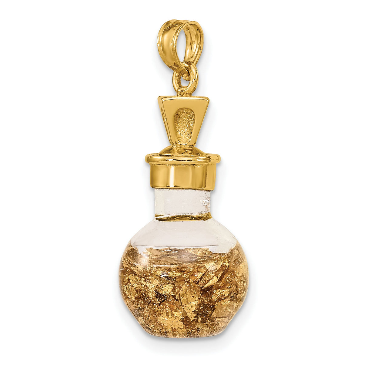 14k Yellow Gold Perfume Bottle Pendant with Clear Glass and Gold Flakes, Crown Detail, Vintage Style