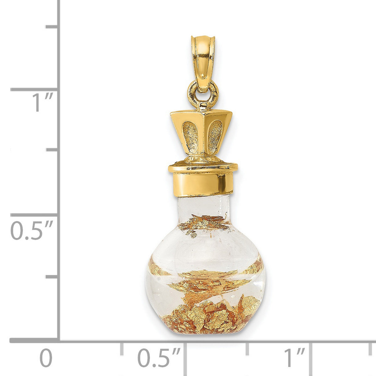 14k Yellow Gold Perfume Bottle Pendant with Clear Glass and Gold Flakes, Crown Detail, Vintage Style
