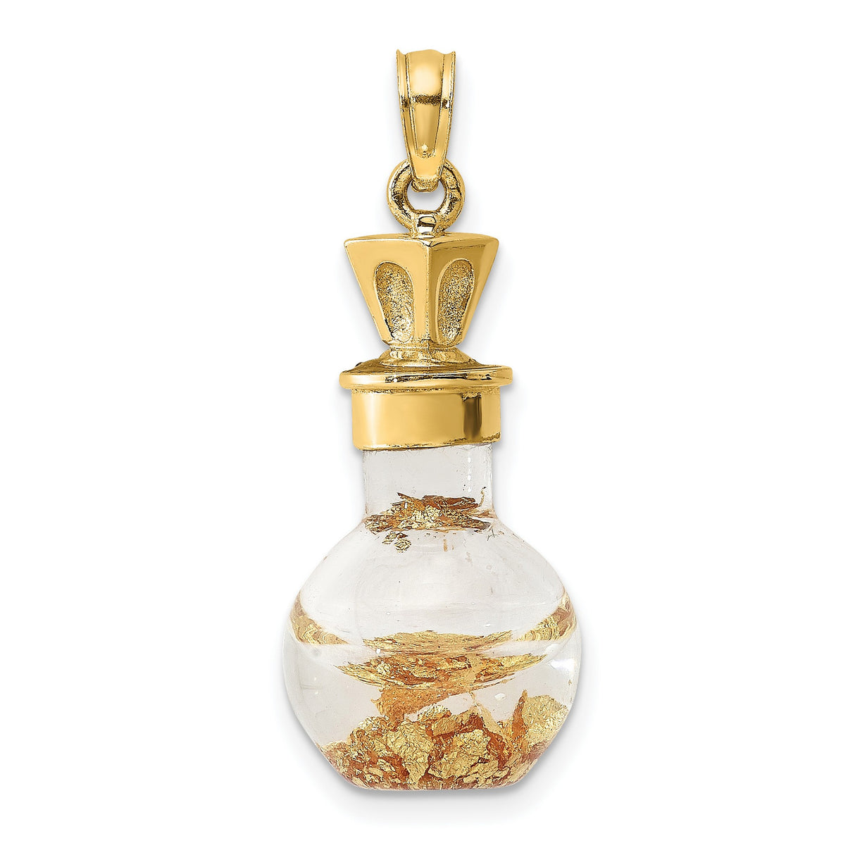 14k Yellow Gold Perfume Bottle Pendant with Clear Glass and Gold Flakes, Crown Detail, Vintage Style