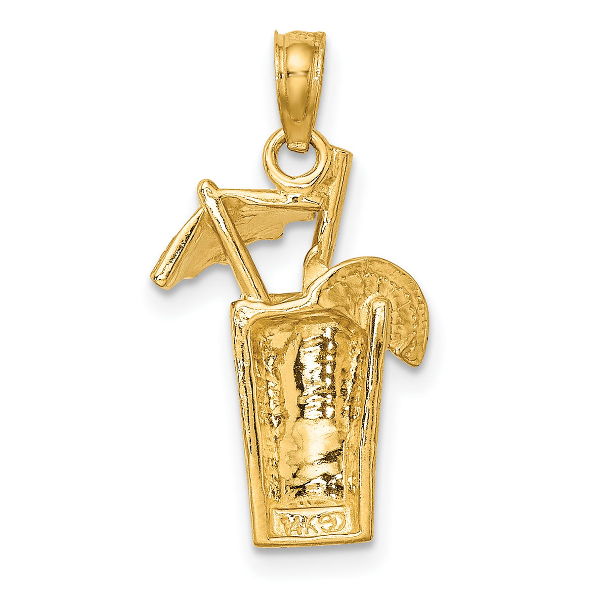 14k Yellow Gold Cocktail Drink Pendant with Umbrella and Lemon Slice, Tropical Beach Theme Charm