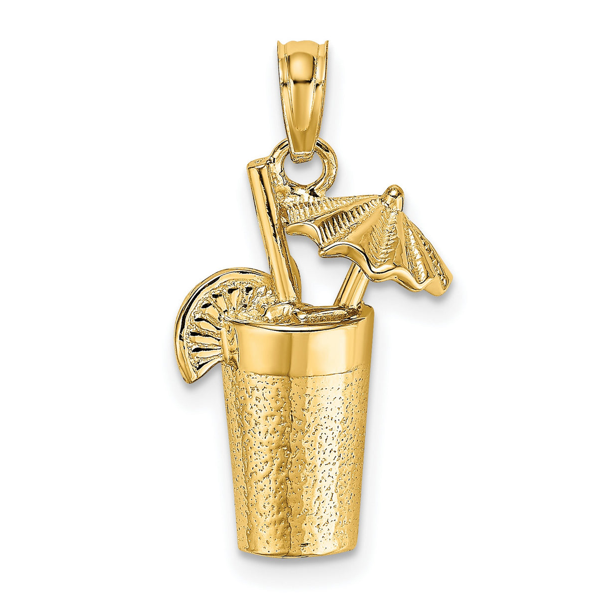 14k Yellow Gold Cocktail Drink Pendant with Umbrella and Lemon Slice, Tropical Beach Theme Charm