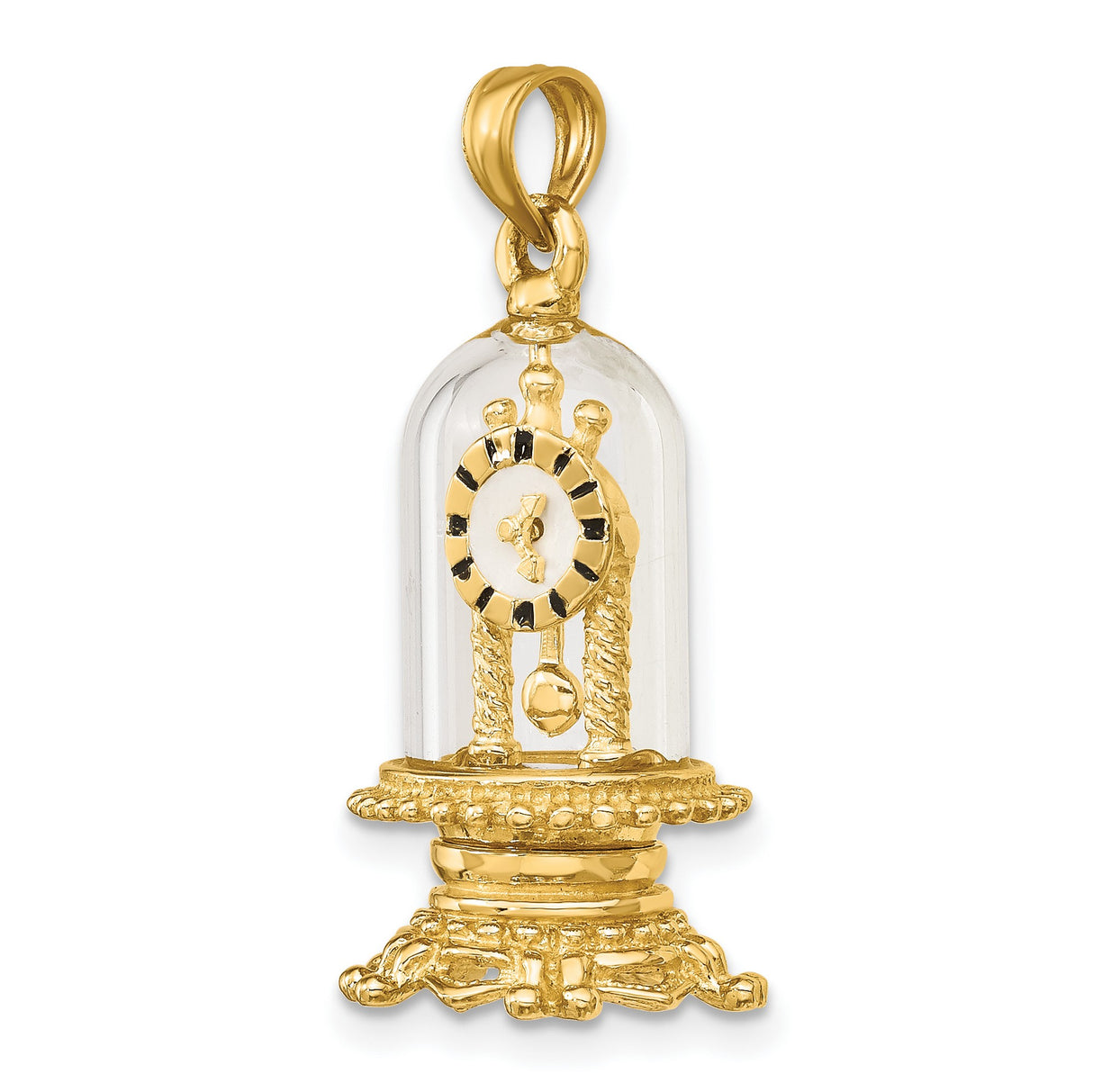 14k Yellow Gold Pendant Anniversary Clock Charm with Clear Glass Dome Vintage Style