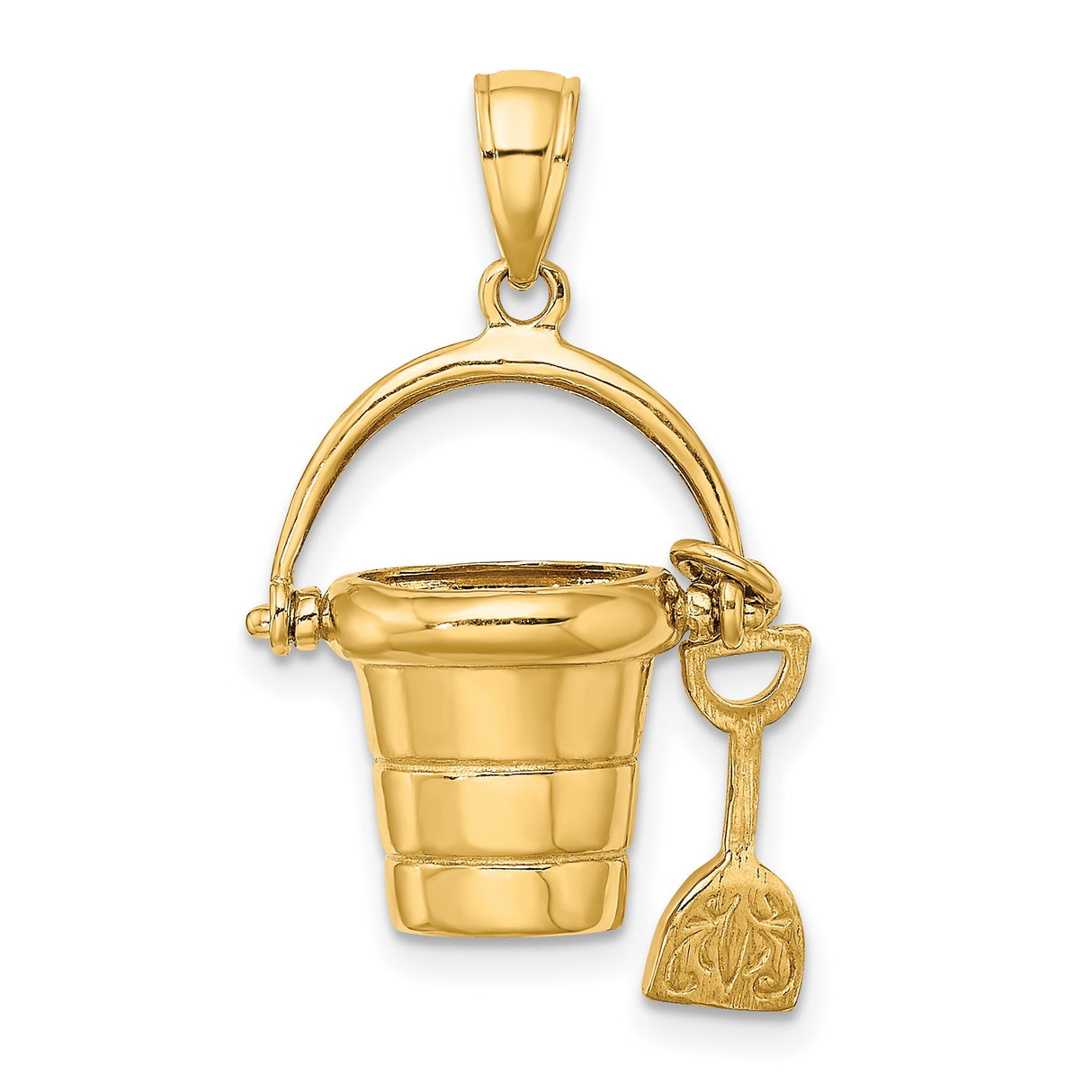 14k Yellow Gold Pendant, Detailed Sand Bucket and Shovel Beach Charm Design