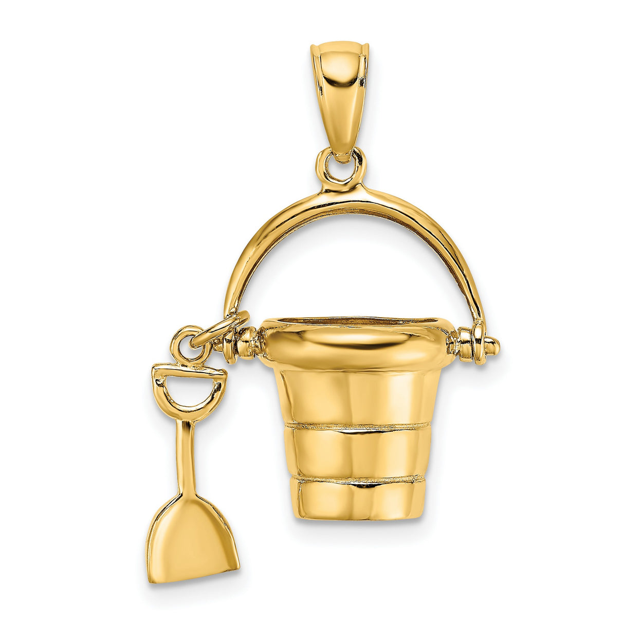 14k Yellow Gold Pendant, Detailed Sand Bucket and Shovel Beach Charm Design