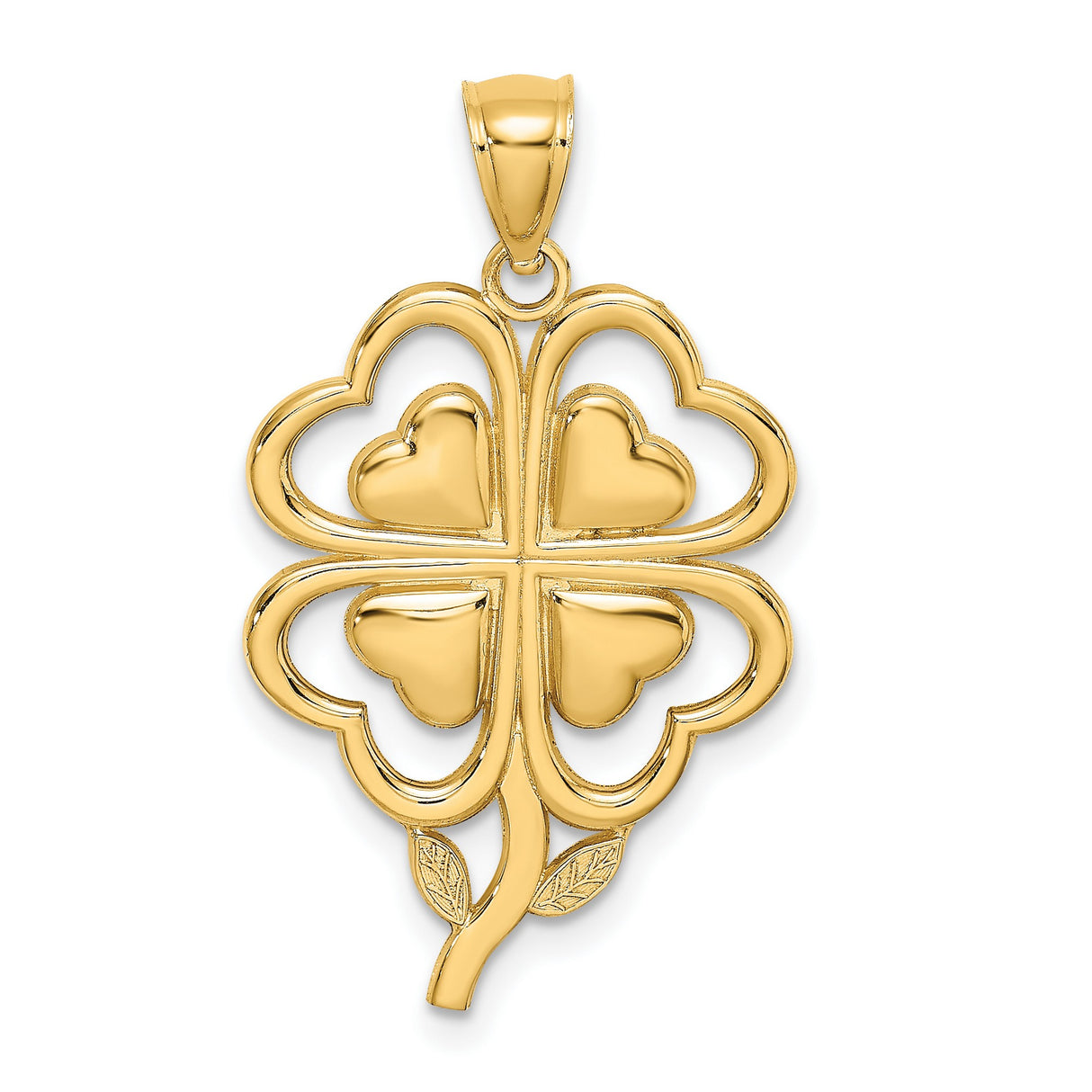 14k Yellow Gold Four Leaf Clover Pendant with Heart Shaped Leaves, Lucky Charm for Women