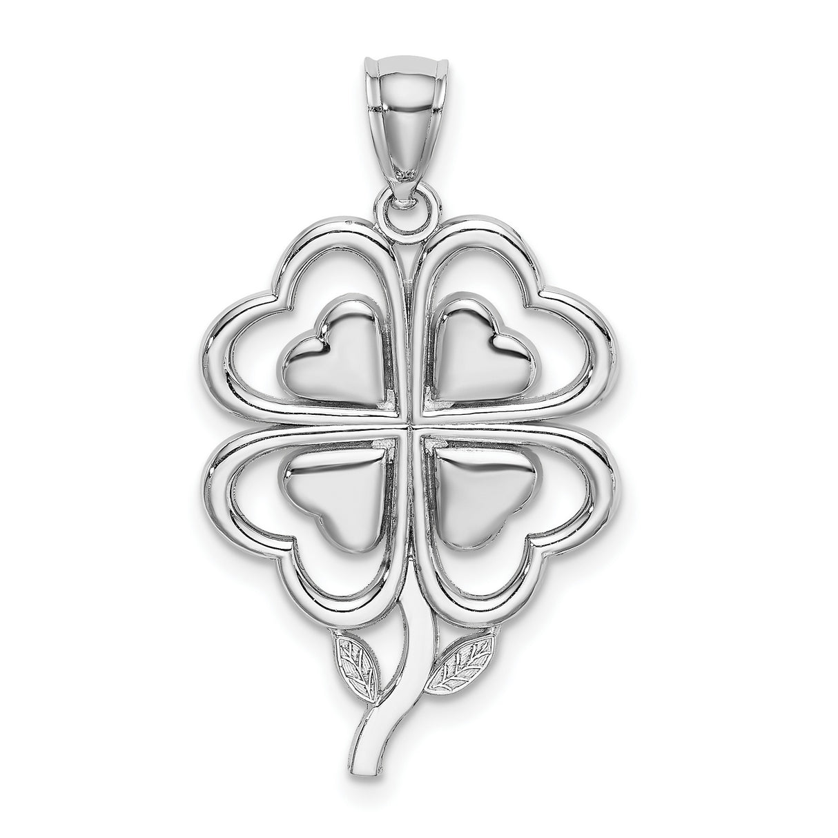 14k White Gold Four Leaf Clover Pendant with Heart Shaped Leaves, Lucky Charm Jewelry for Women