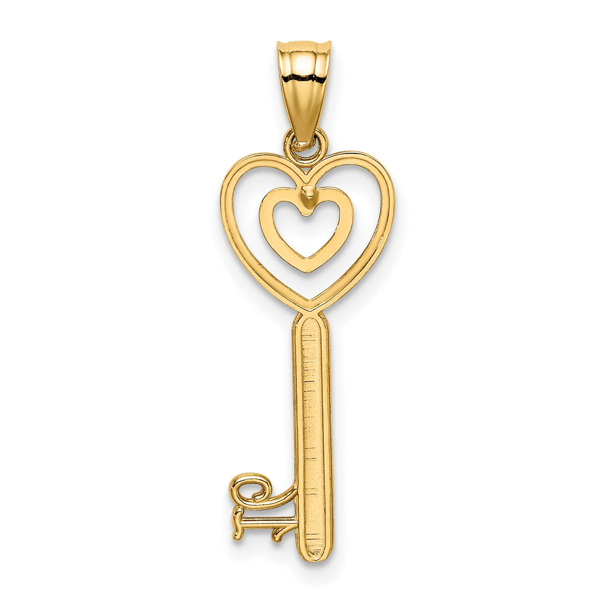 14k Yellow Gold Key Pendant with Dual Heart Design, Romantic Jewelry for Women