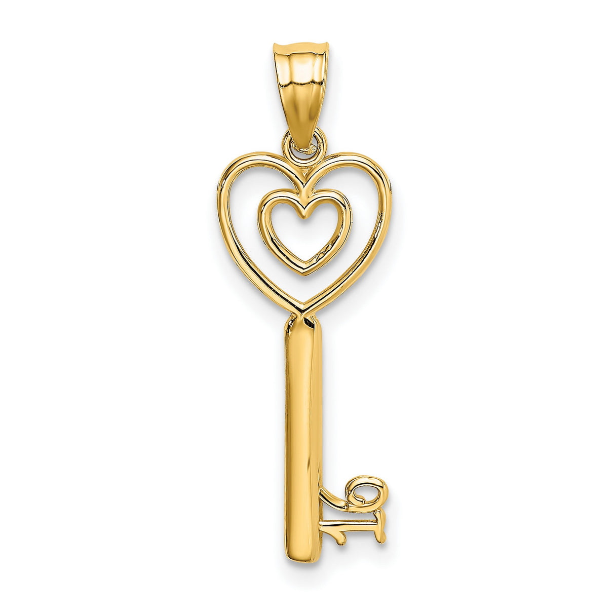 14k Yellow Gold Key Pendant with Dual Heart Design, Romantic Jewelry for Women