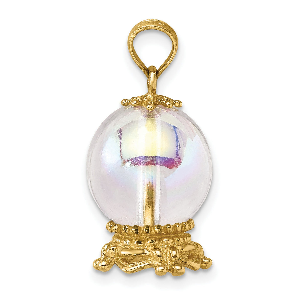 14k Yellow Gold Pendant with Clear Crystal Orb, Ornate Ball Design, Boho Spiritual Style