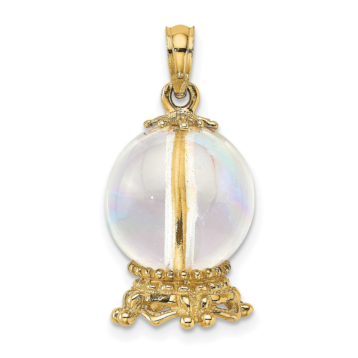 14k Yellow Gold Pendant with Clear Crystal Orb, Ornate Ball Design, Boho Spiritual Style