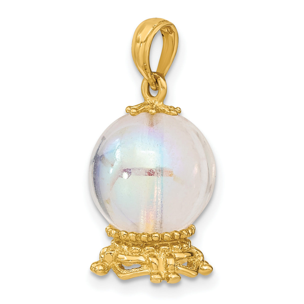 14k Yellow Gold Pendant with Clear Crystal Orb, Ornate Ball Design, Boho Spiritual Style