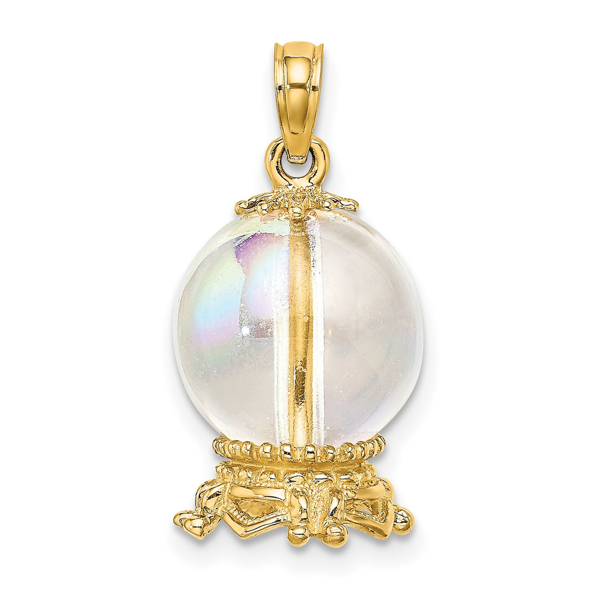 14k Yellow Gold Pendant with Clear Crystal Orb, Ornate Ball Design, Boho Spiritual Style