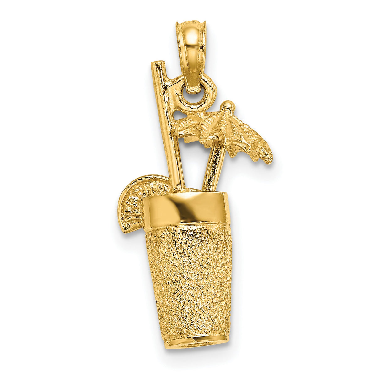 14k Yellow Gold Tropical Cocktail Pendant with Umbrella, Straw and Lime Slice