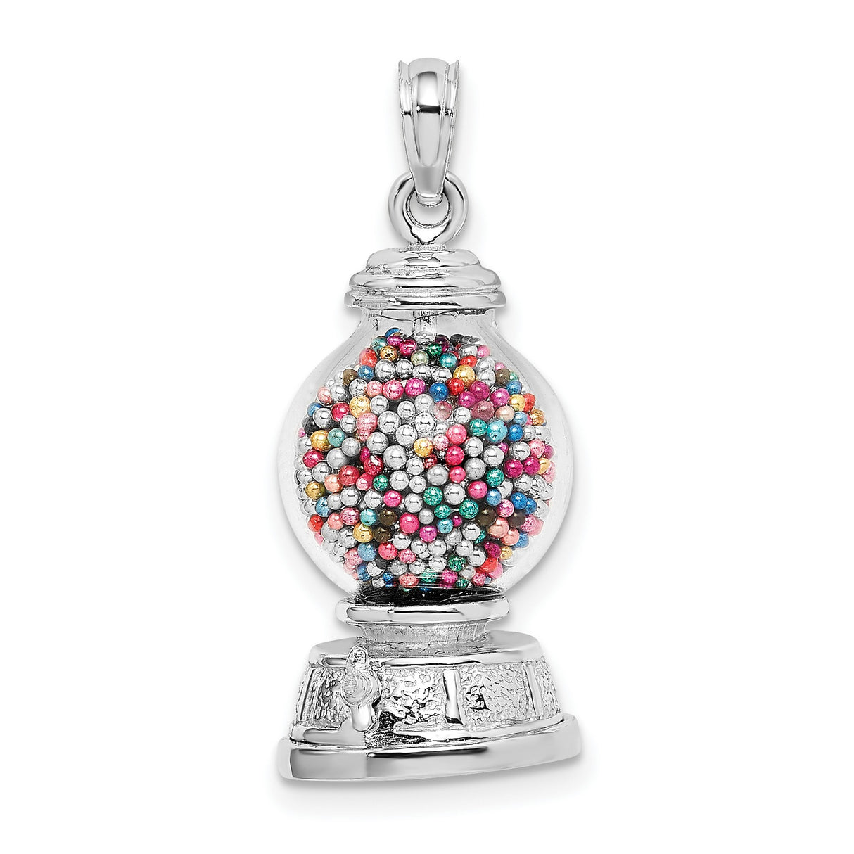 14k White Gold Gumball Machine Pendant with Colorful Beads, Whimsical Retro Candy Charm