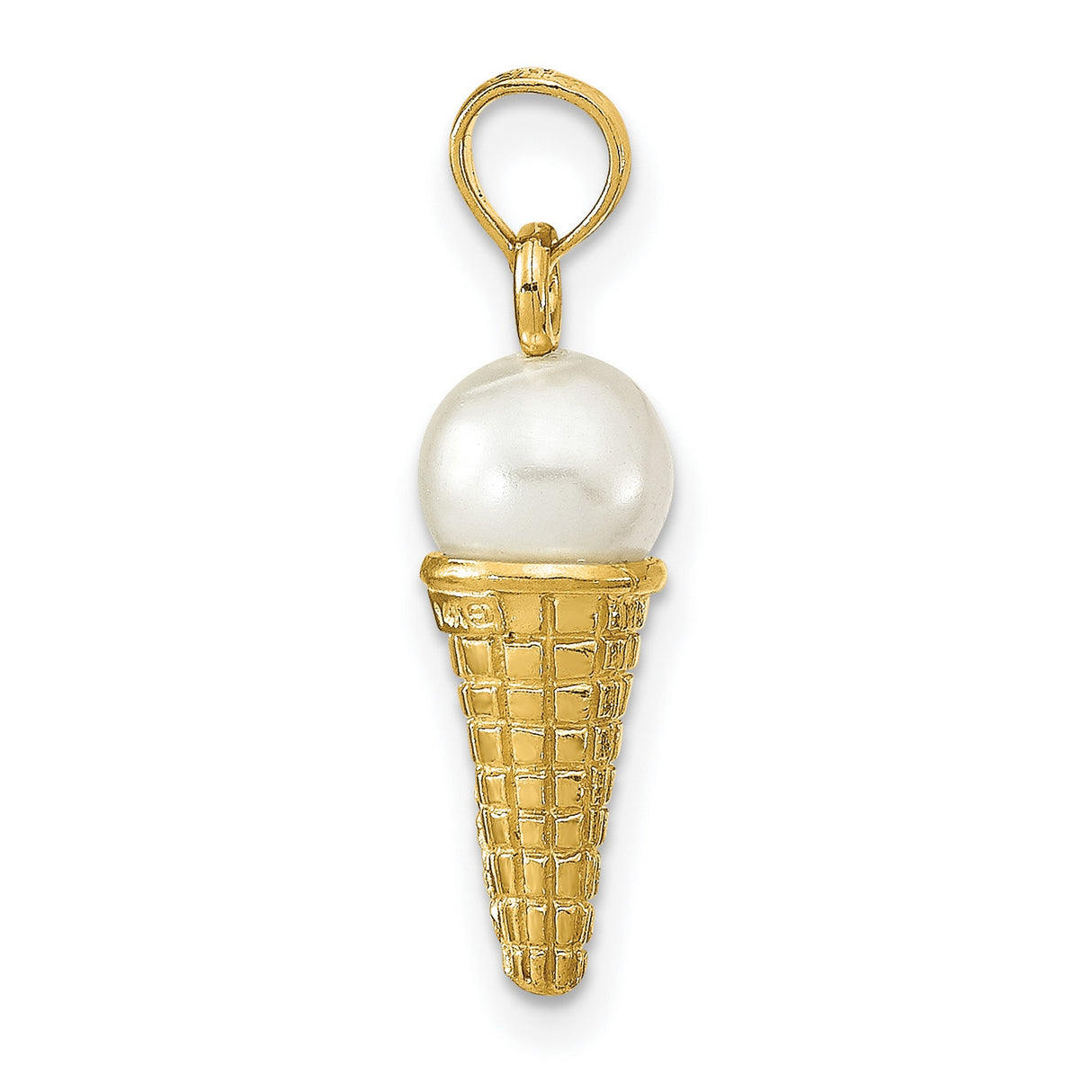 14k Yellow Gold Ice Cream Cone Pendant with Pearl Scoop, Whimsical Dessert Charm for Women or Teens
