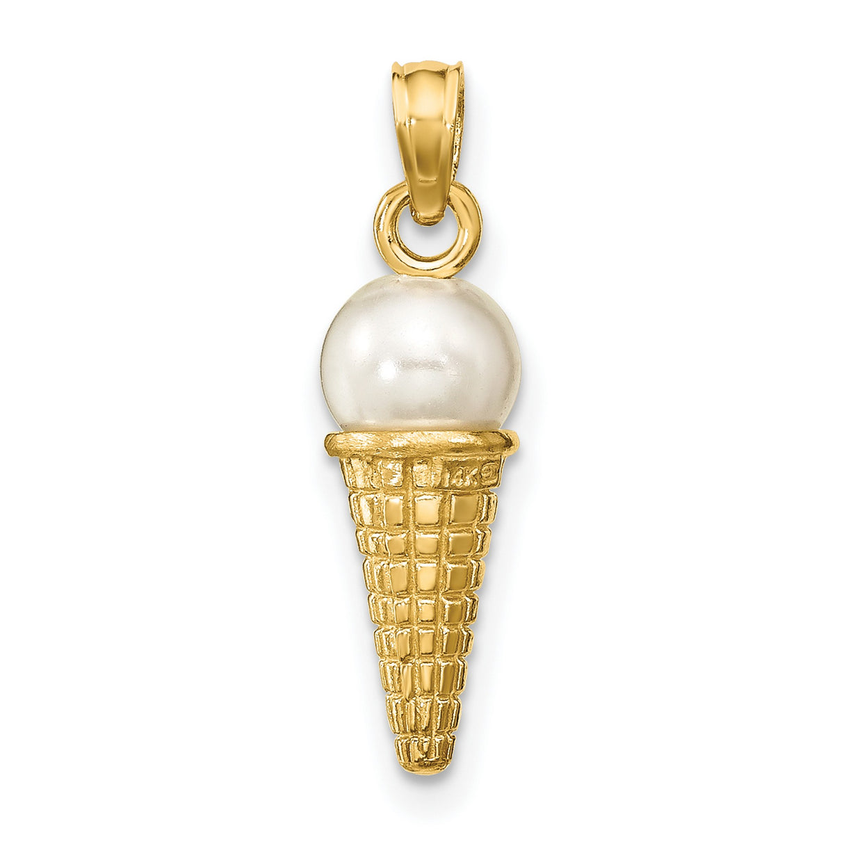 14k Yellow Gold Ice Cream Cone Pendant with Pearl Scoop, Whimsical Dessert Charm for Women or Teens