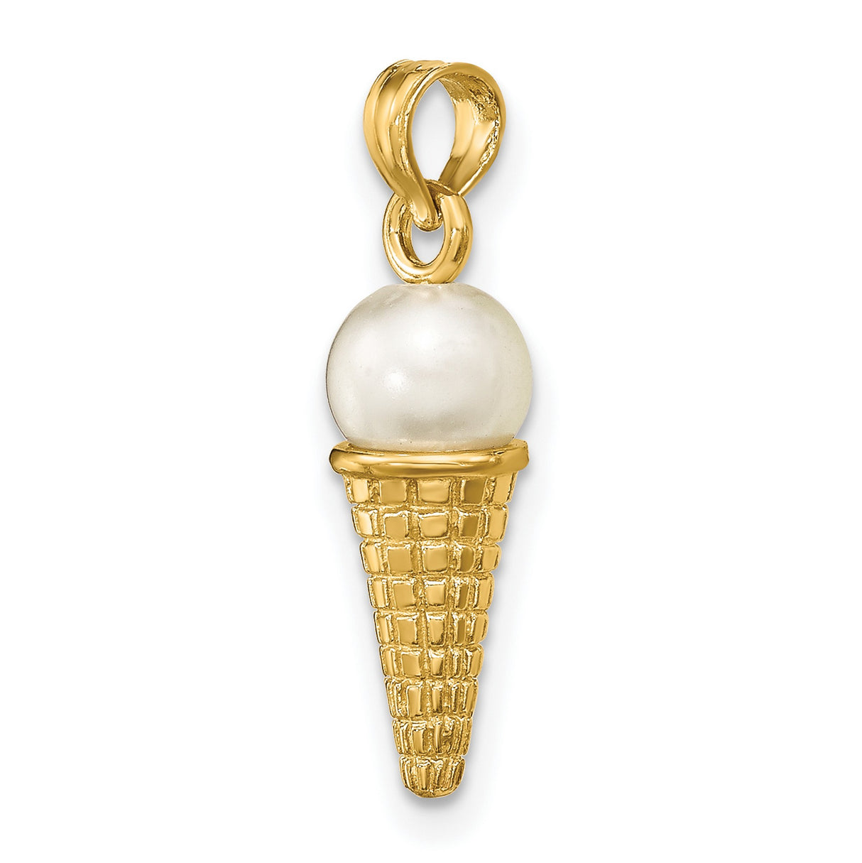 14k Yellow Gold Ice Cream Cone Pendant with Pearl Scoop, Whimsical Dessert Charm for Women or Teens
