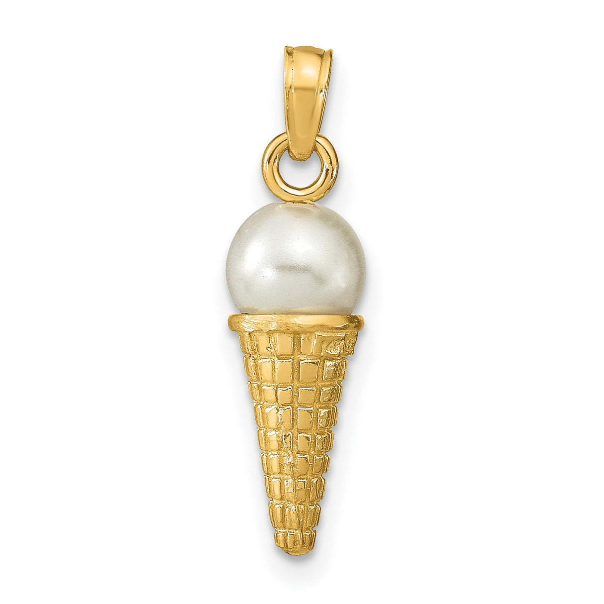 14k Yellow Gold Ice Cream Cone Pendant with Pearl Scoop, Whimsical Dessert Charm for Women or Teens