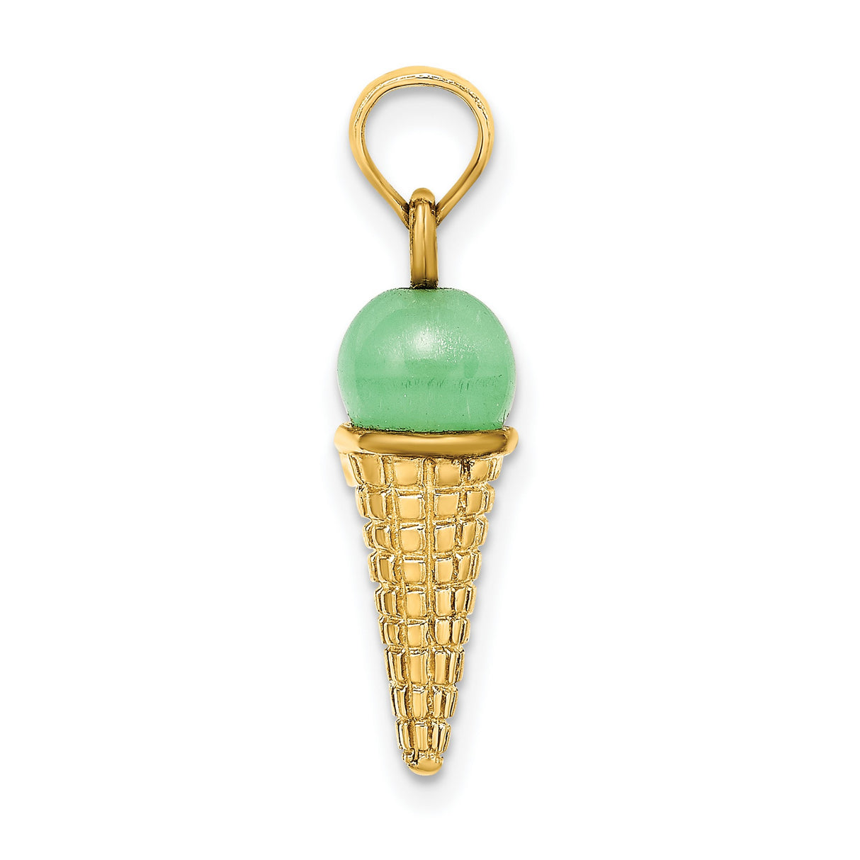14k Yellow Gold Ice Cream Cone Pendant with Green Enamel, Fun Dessert Charm
