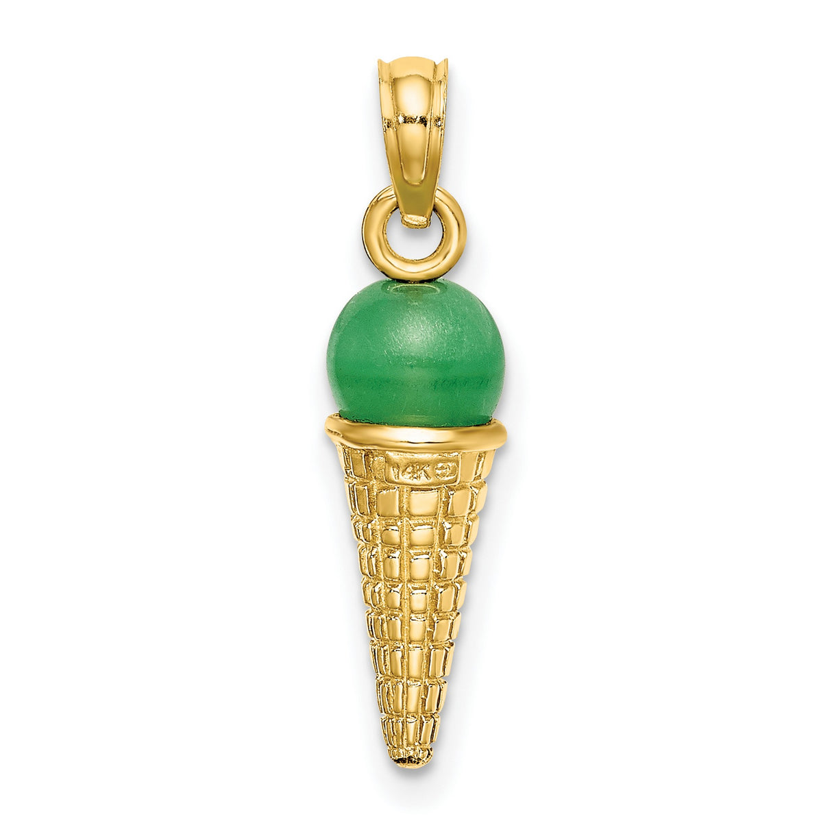 14k Yellow Gold Ice Cream Cone Pendant with Green Enamel, Fun Dessert Charm