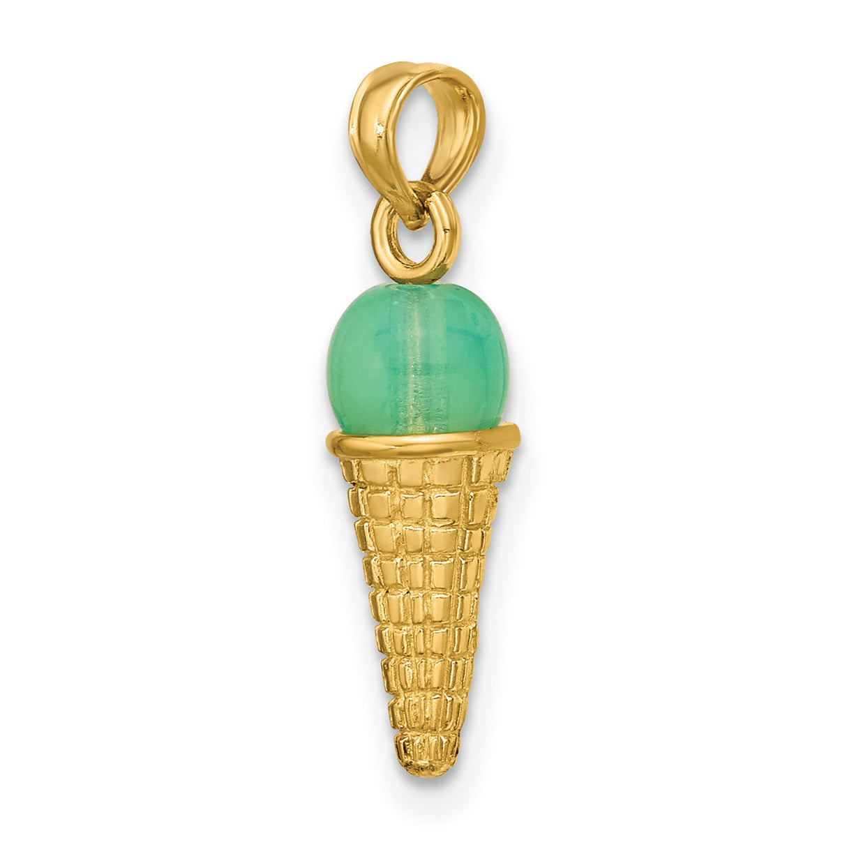 14k Yellow Gold Ice Cream Cone Pendant with Green Enamel, Fun Dessert Charm