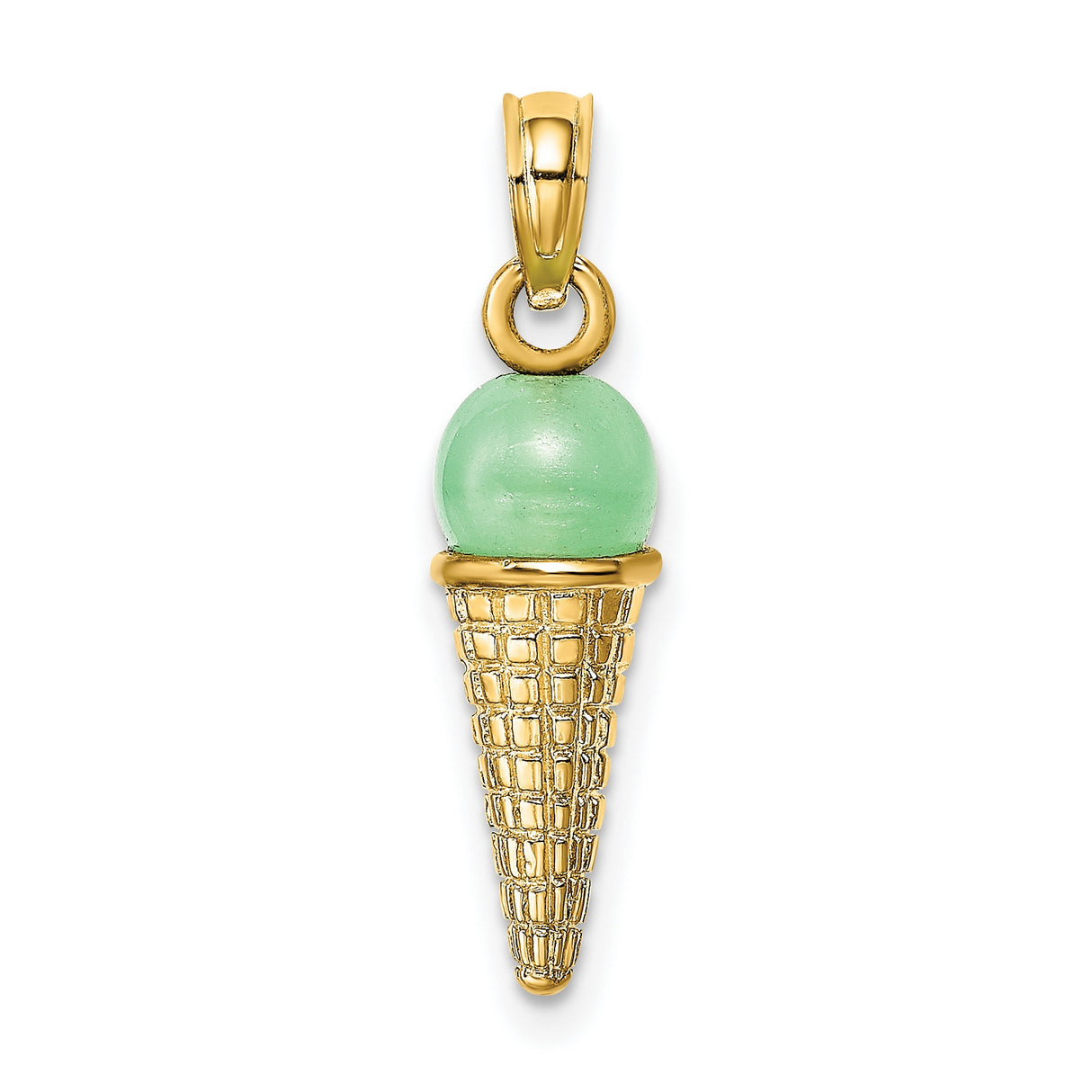 14k Yellow Gold Ice Cream Cone Pendant with Green Enamel, Fun Dessert Charm