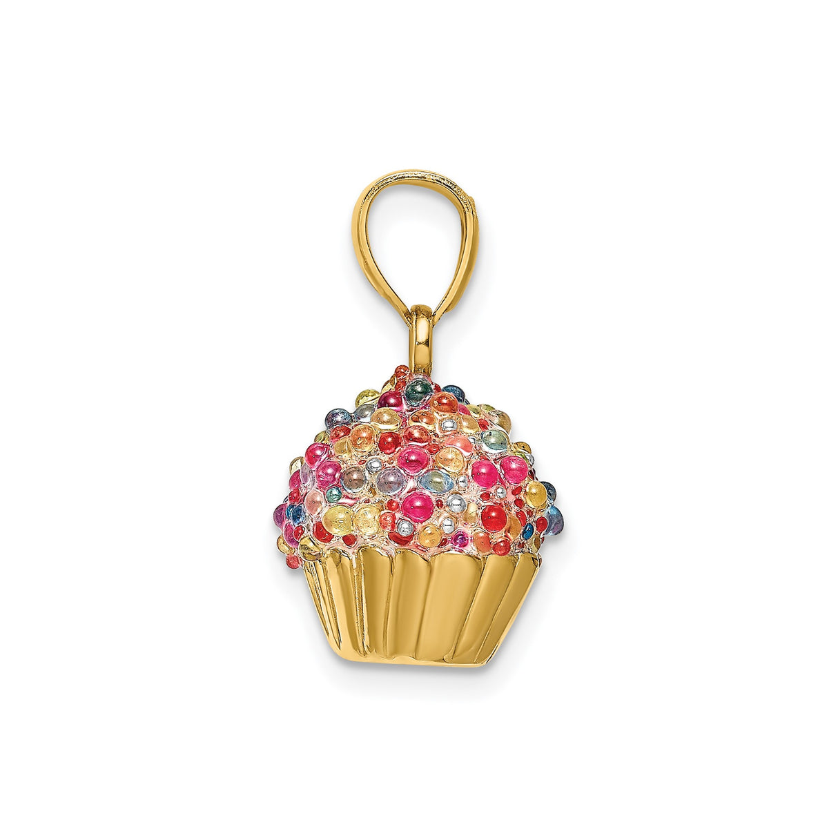 14k Yellow Gold Cupcake Pendant Charm with Enamel Sprinkles, Dessert Theme Jewelry