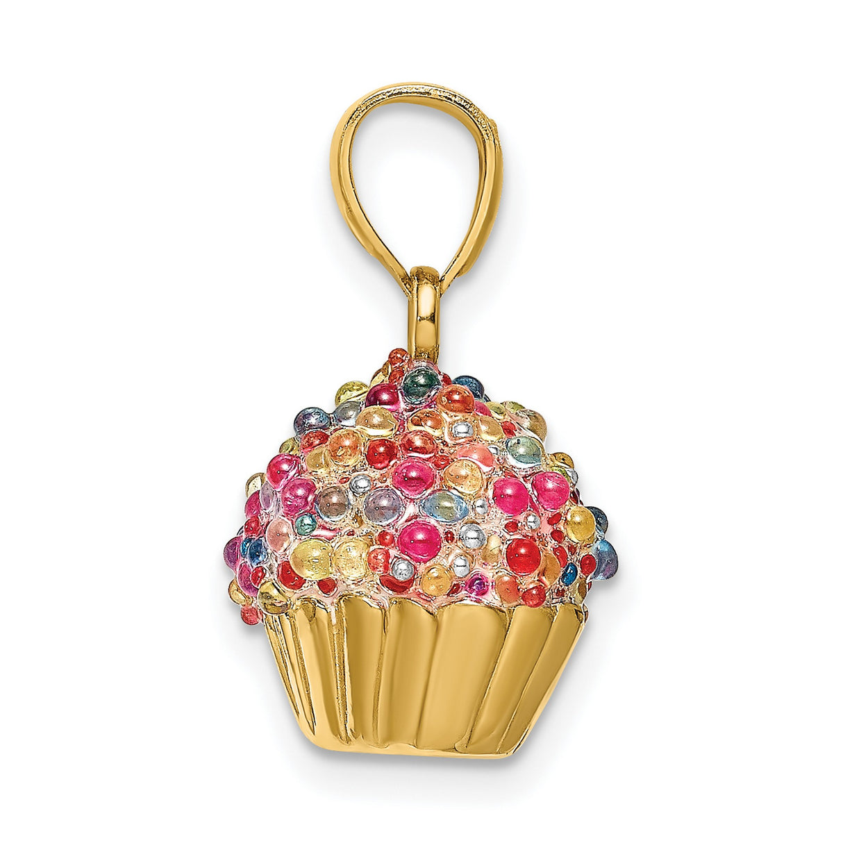 14k Yellow Gold Cupcake Pendant with Colorful Enamel, Whimsical Dessert Charm