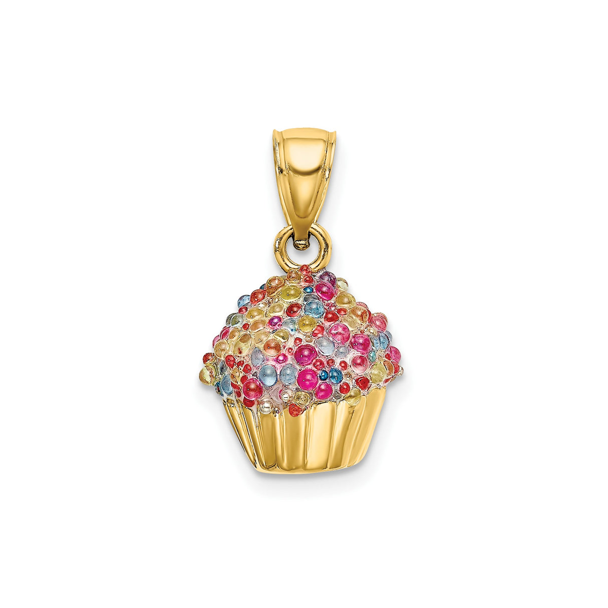14k Yellow Gold Cupcake Pendant Charm with Enamel Sprinkles, Dessert Theme Jewelry