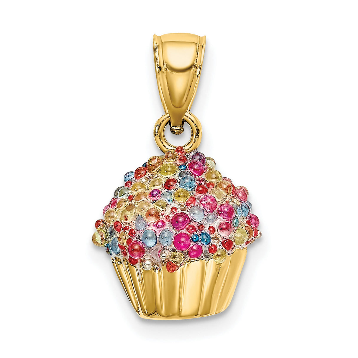 14k Yellow Gold Cupcake Pendant with Colorful Enamel, Whimsical Dessert Charm