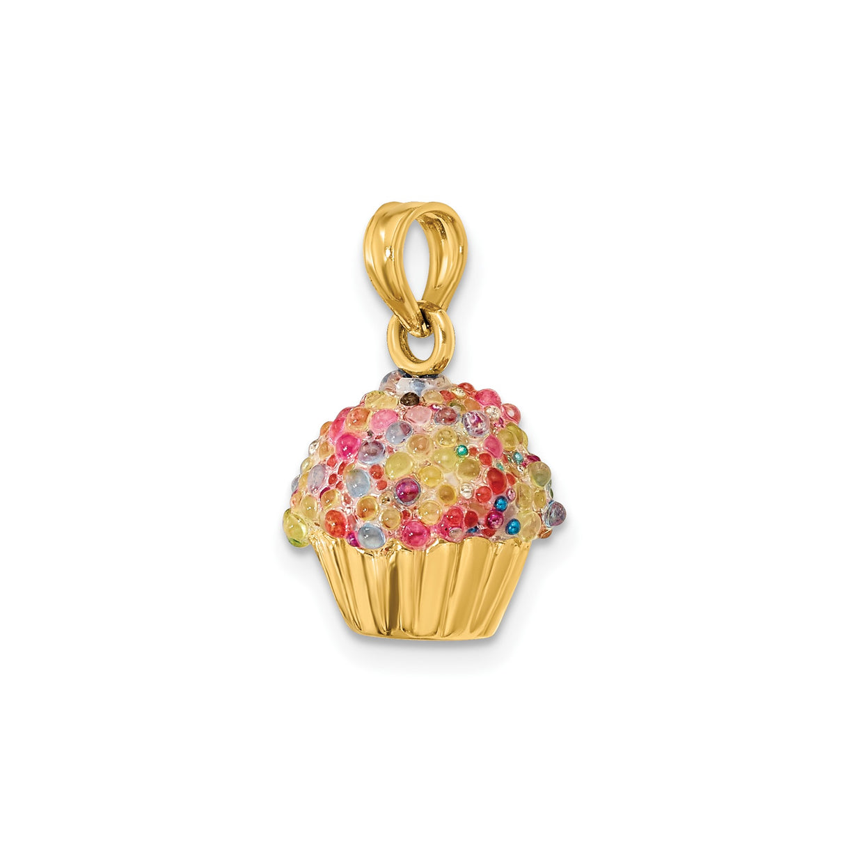 14k Yellow Gold Cupcake Pendant Charm with Enamel Sprinkles, Dessert Theme Jewelry