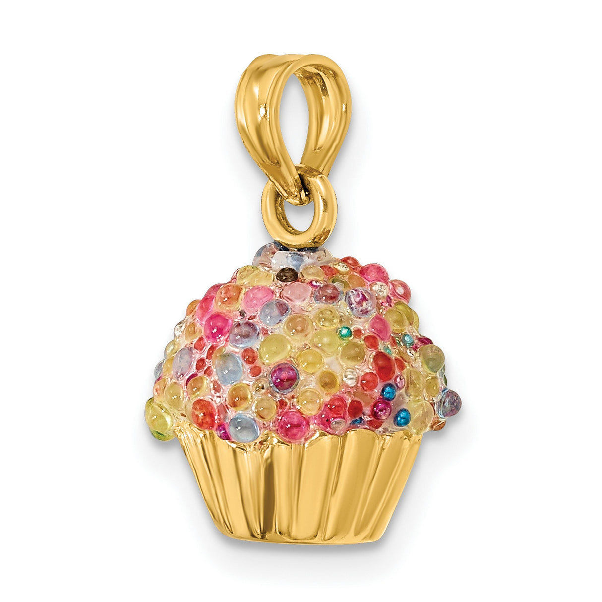 14k Yellow Gold Cupcake Pendant with Colorful Enamel, Whimsical Dessert Charm