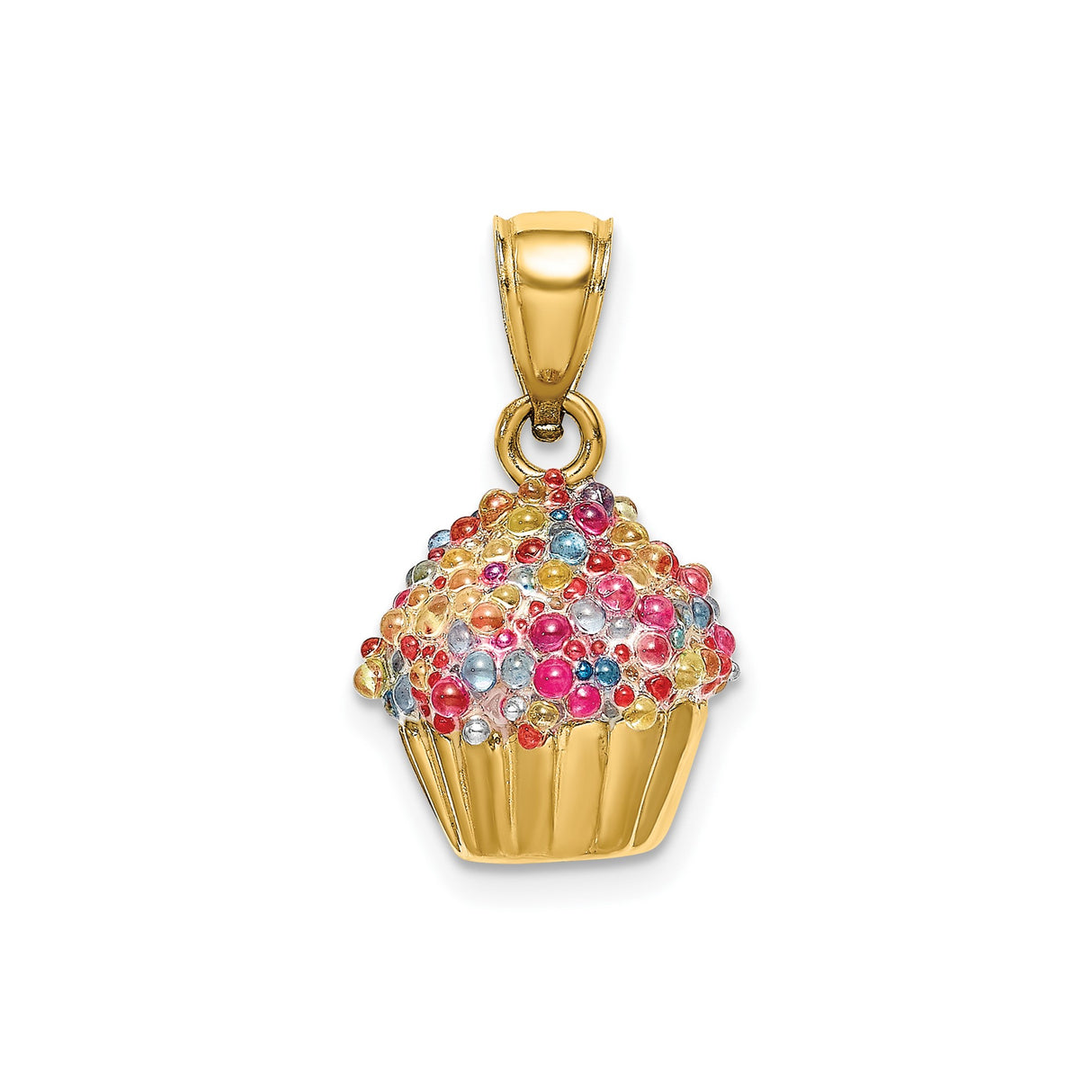 14k Yellow Gold Cupcake Pendant Charm with Enamel Sprinkles, Dessert Theme Jewelry