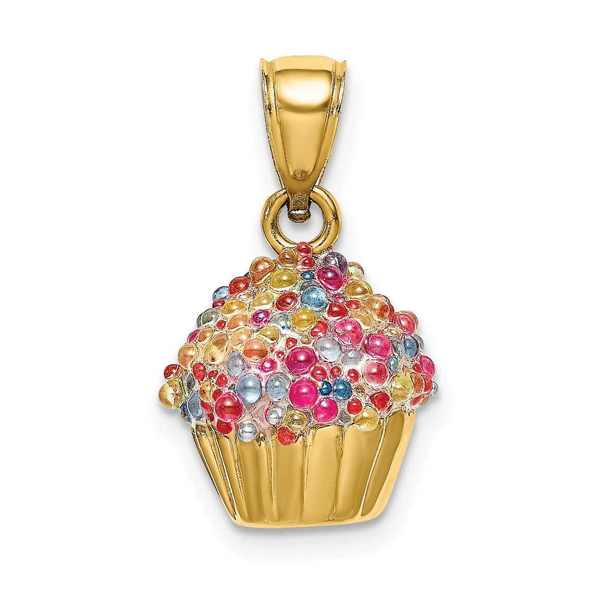 14k Yellow Gold Cupcake Pendant with Colorful Enamel, Whimsical Dessert Charm
