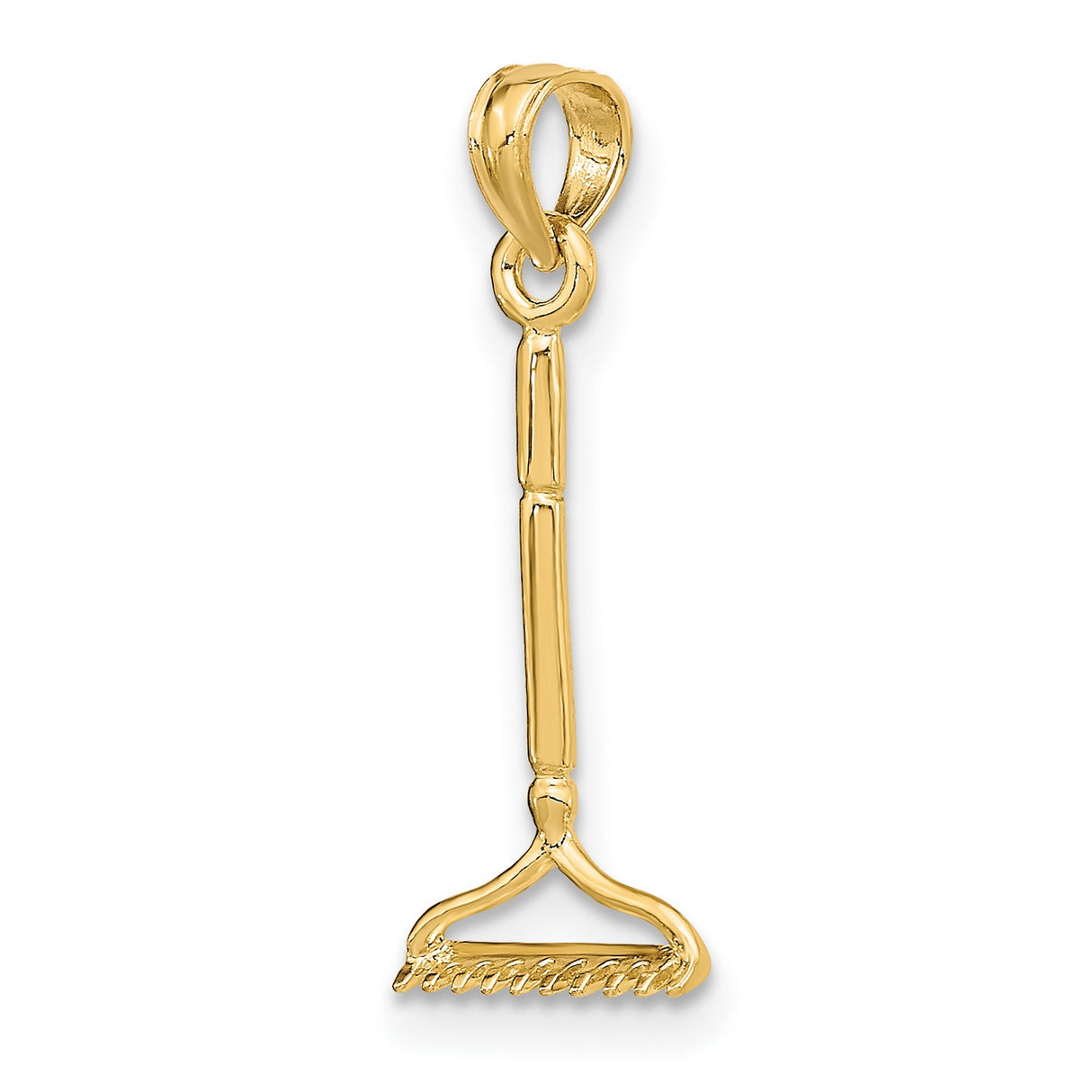 14k Yellow Gold Rake Pendant, Miniature Garden Tool Charm, Nature Jewelry for Women and Men
