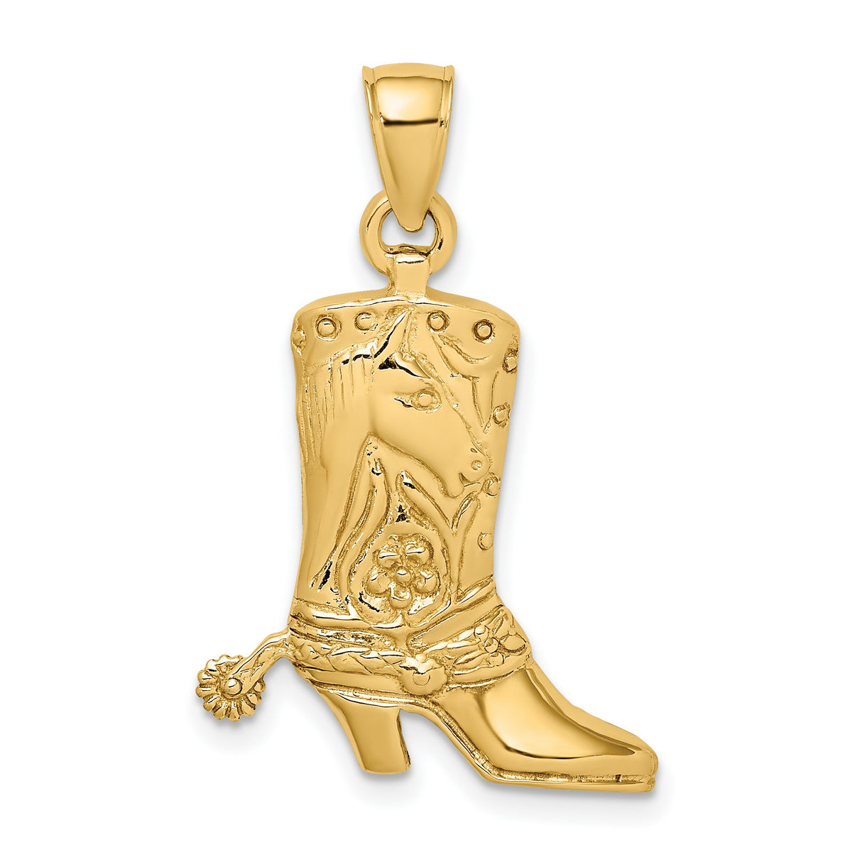 14k Yellow Gold Cowboy Boot Pendant with Spur, Floral Motif, Western Style Charm