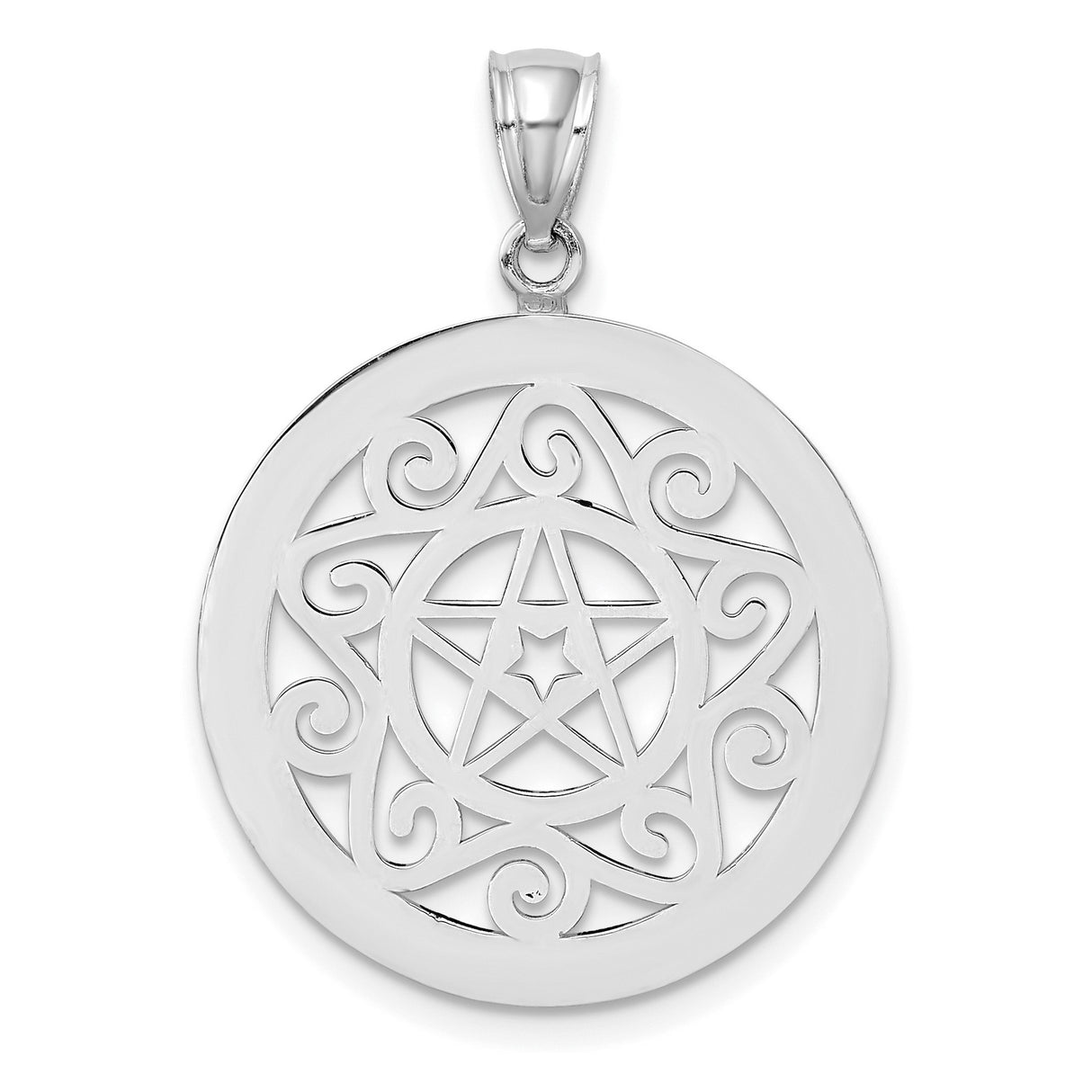14k White Gold Pentagram Pendant with Filigree Swirling Accents, Wiccan Amulet Charm