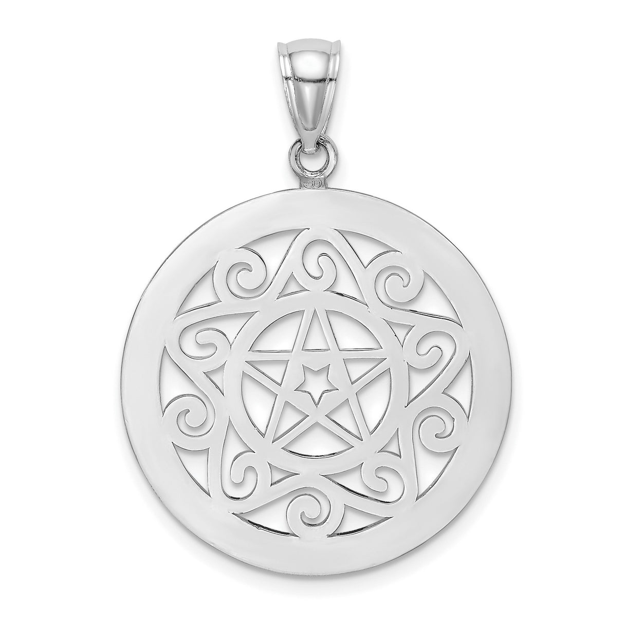14k White Gold Pentagram Pendant with Filigree Swirling Accents, Wiccan Amulet Charm