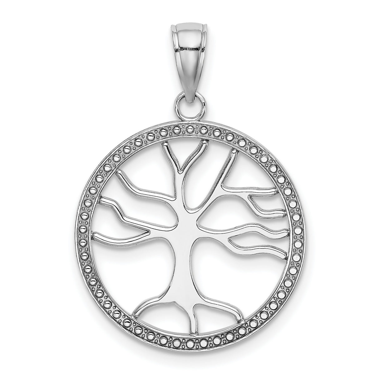 14k White Gold Tree of Life Pendant with Openwork Design and Beaded Edge