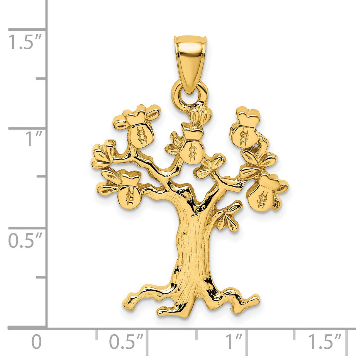 14k Yellow Gold Money Tree Pendant with Money Bag Symbols, Prosperity and Wealth Charm