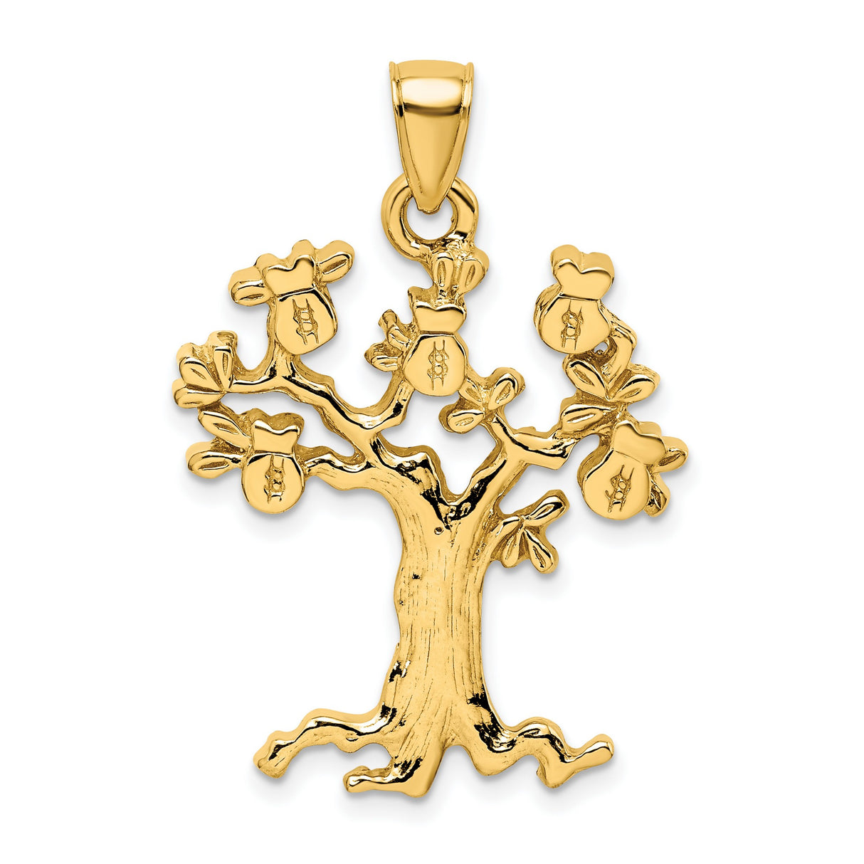 14k Yellow Gold Money Tree Pendant with Money Bag Symbols, Prosperity and Wealth Charm