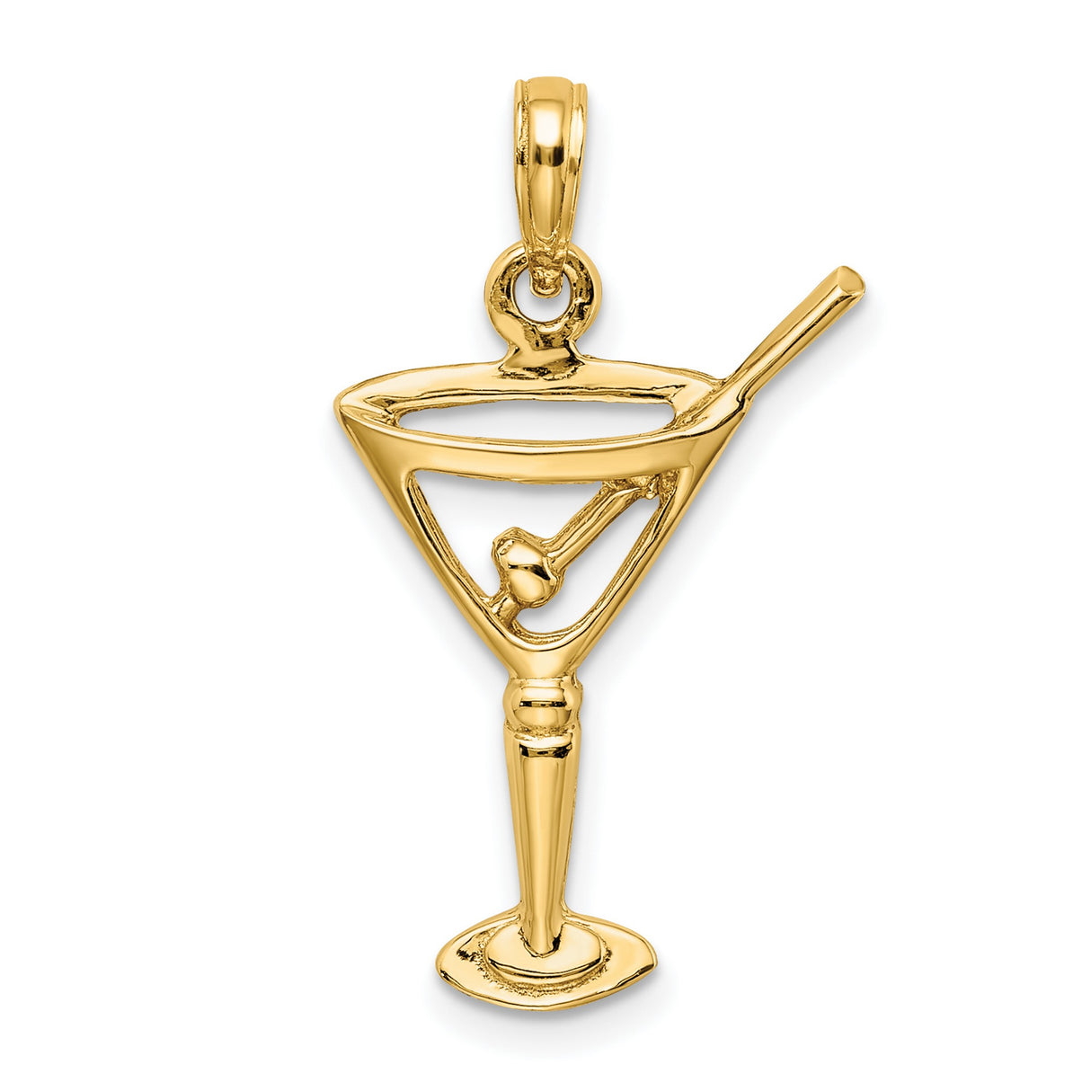 14k Yellow Gold Martini Glass Pendant with Olive and Stick Design, Cocktail Charm
