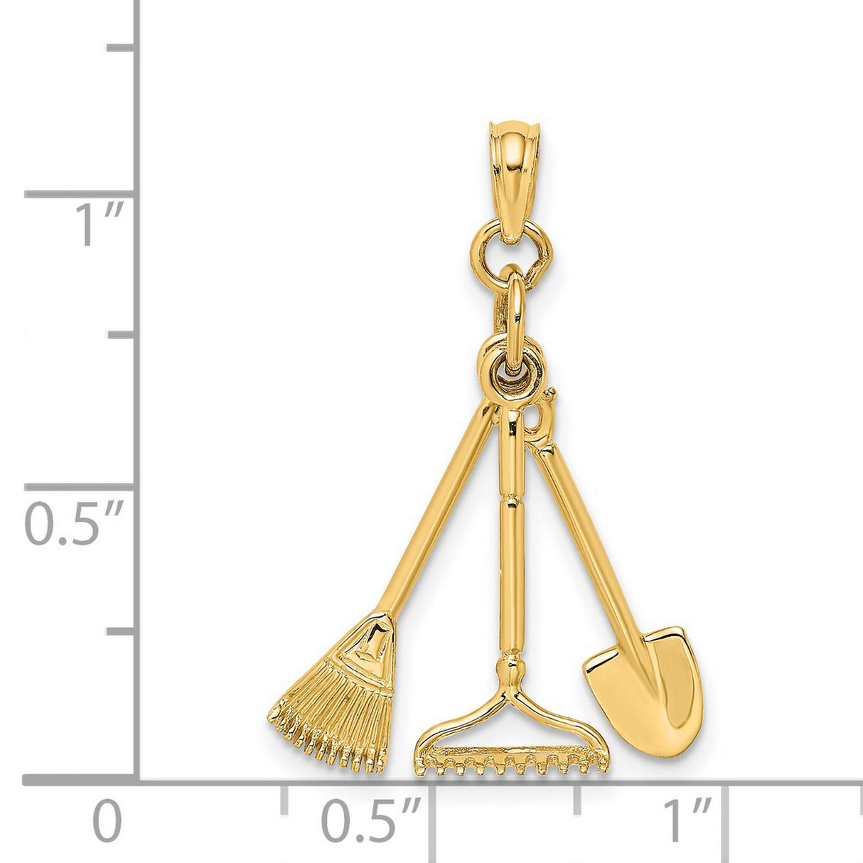 14k Yellow Gold Pendant with Shovel, Rake, and Broom Charms, Gardening Theme