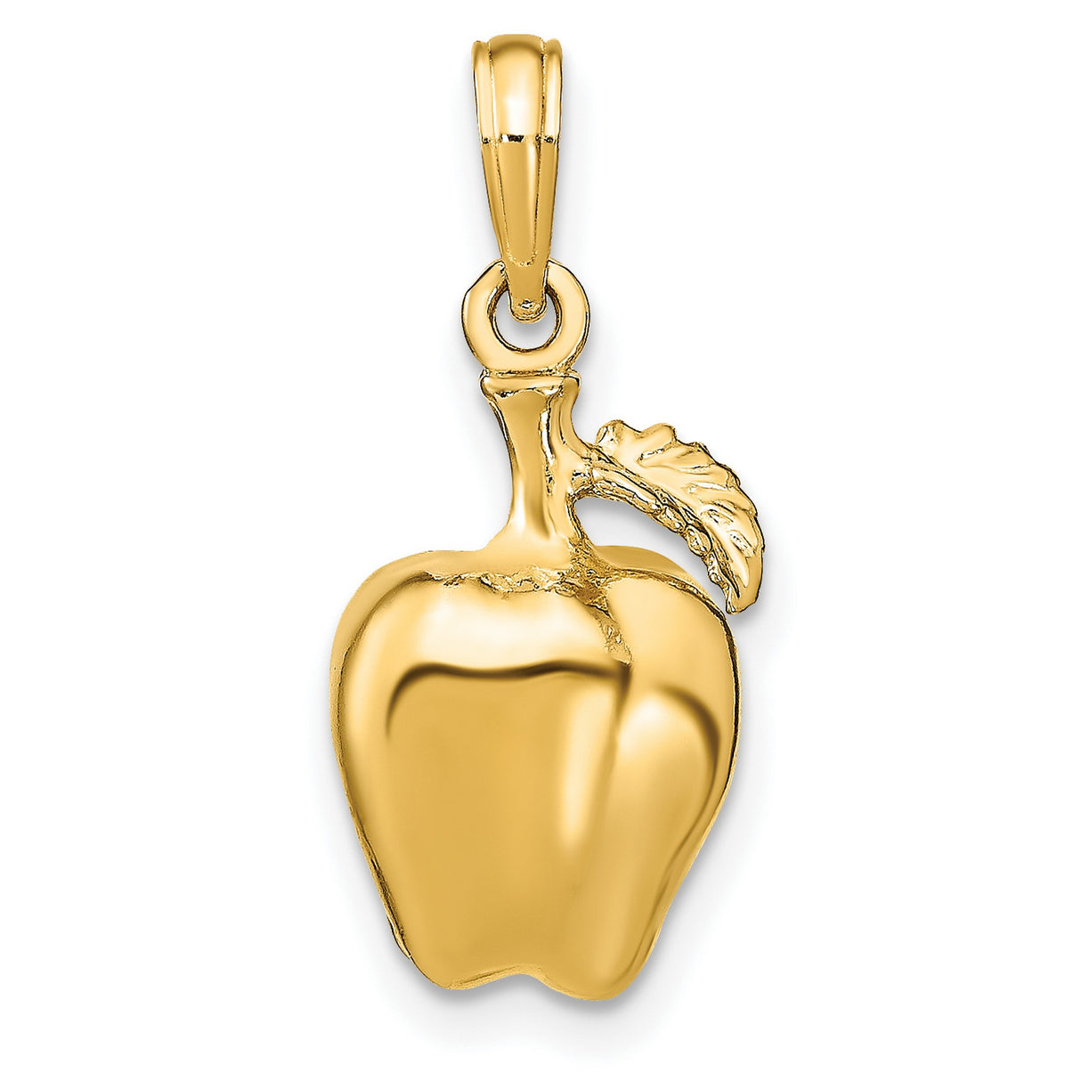 14k Yellow Gold Apple Charm Pendant with Polished Finish and Leaf Design