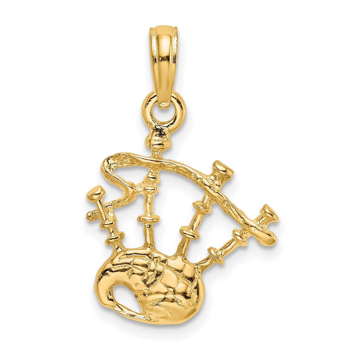 14k Yellow Gold Bagpipe Pendant with Celtic Symbol, Scottish Instrument Charm for Men or Women